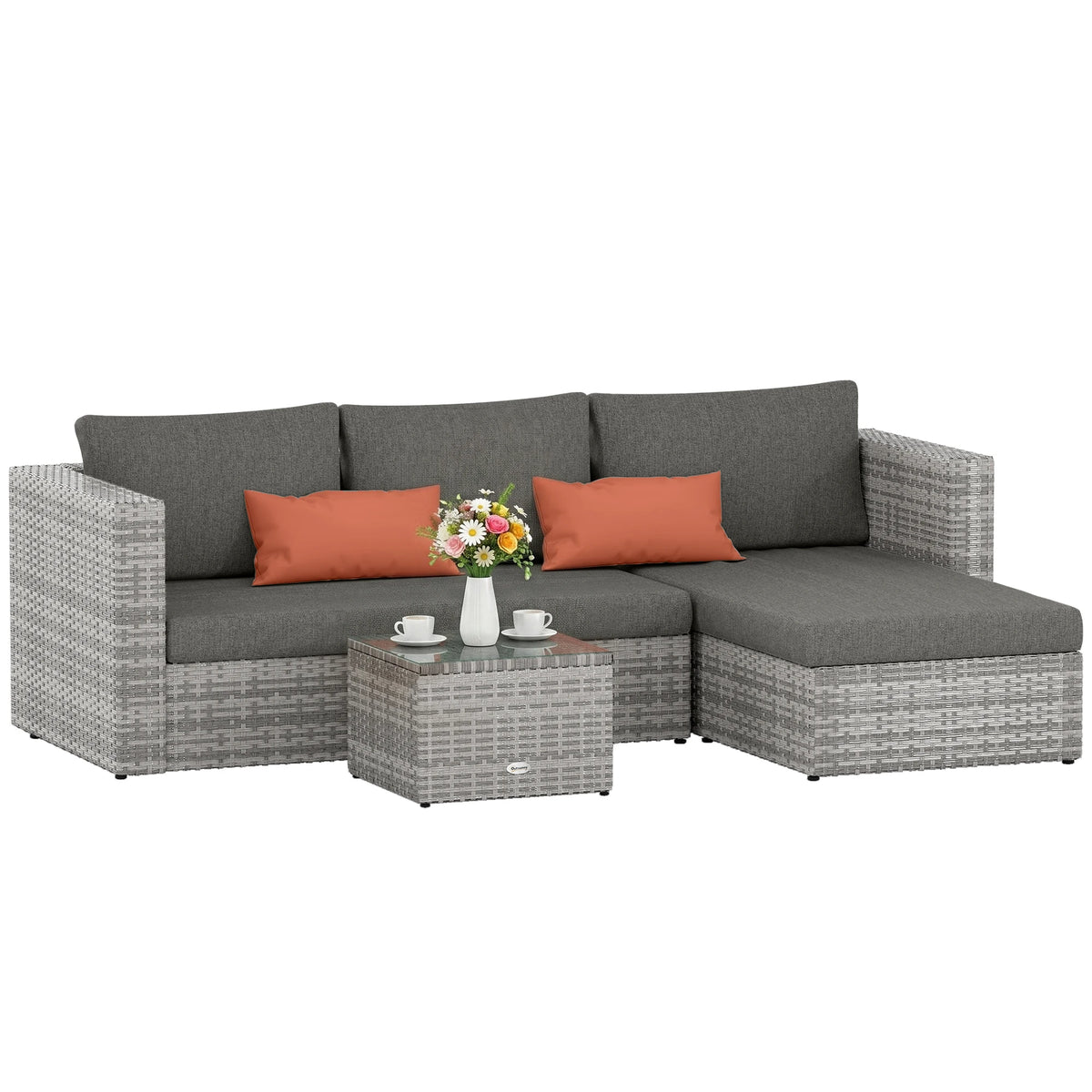 3-Piece Outdoor PE Rattan Furniture Sofa Set with Tempered Glass Table & Cushions