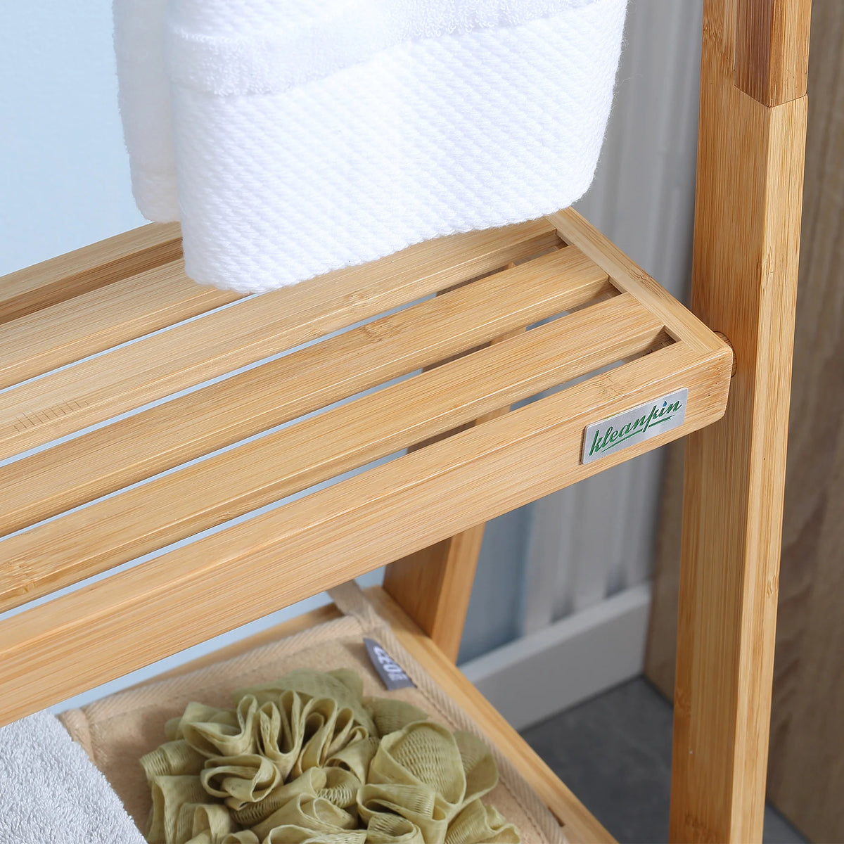 Foldable Natural Bamboo Towel Rack with 3 Towel Rails and 3 Shelves