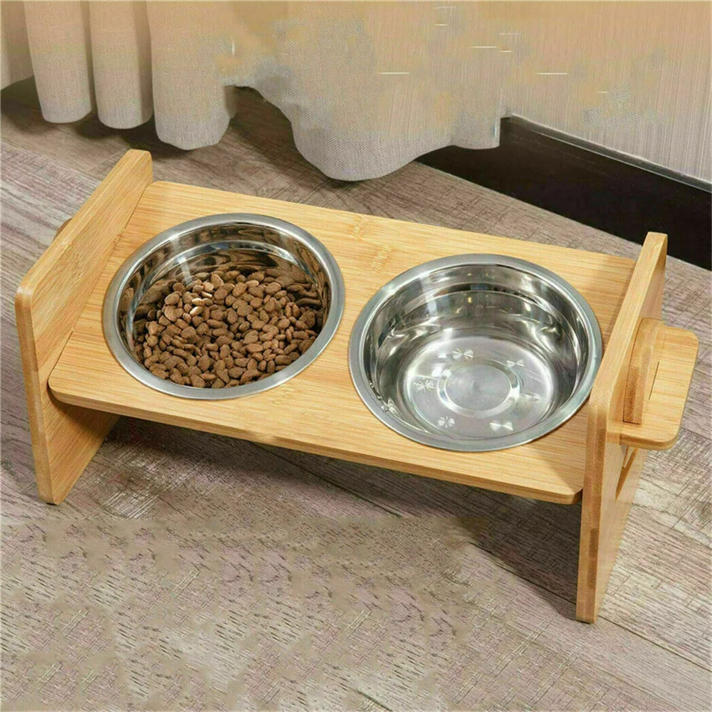 Elevated Dog Bowls with Bamboo Stand 4 Height Adjustable 2 x 380ml Stainless Steel Bowls 31x17x16cm