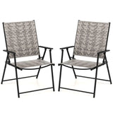Set of 2 Folding Rattan Garden Chairs with Armrests 160kg Metal Frame for Patio Bistro Camping Balcony Grey
