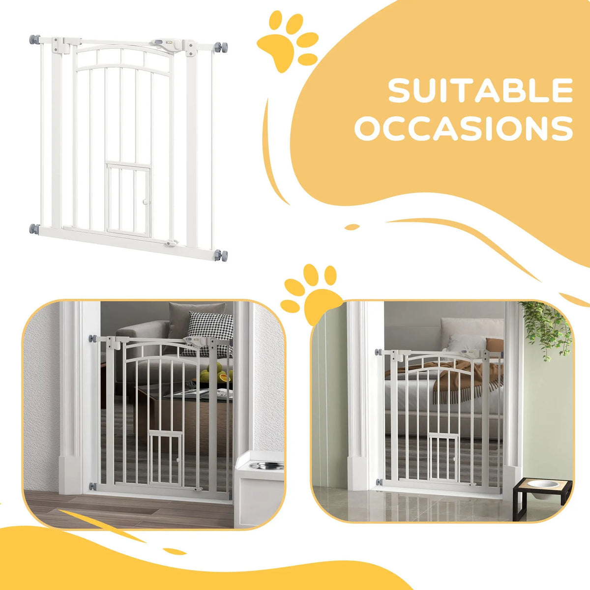 Pressure-Fit Pet Gate with Small Cat Door and Double Lock, 74–80cm, White
