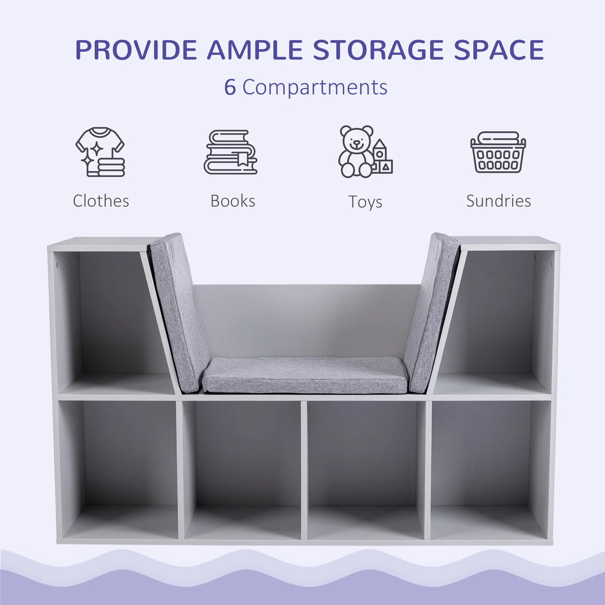 Kids Bookcase with 6 Compartments and Cushion Seat MDF Melamine Storage Unit 50kg Capacity Grey
