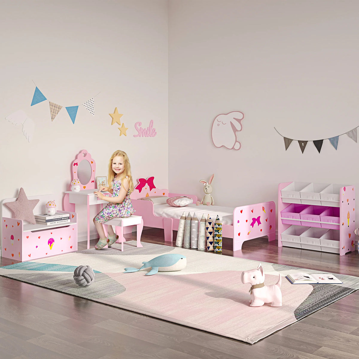 Kids Storage Unit with 9 Removable Baskets 63x30x60cm Toy Organiser Bookshelf MDF Rounded Edges
