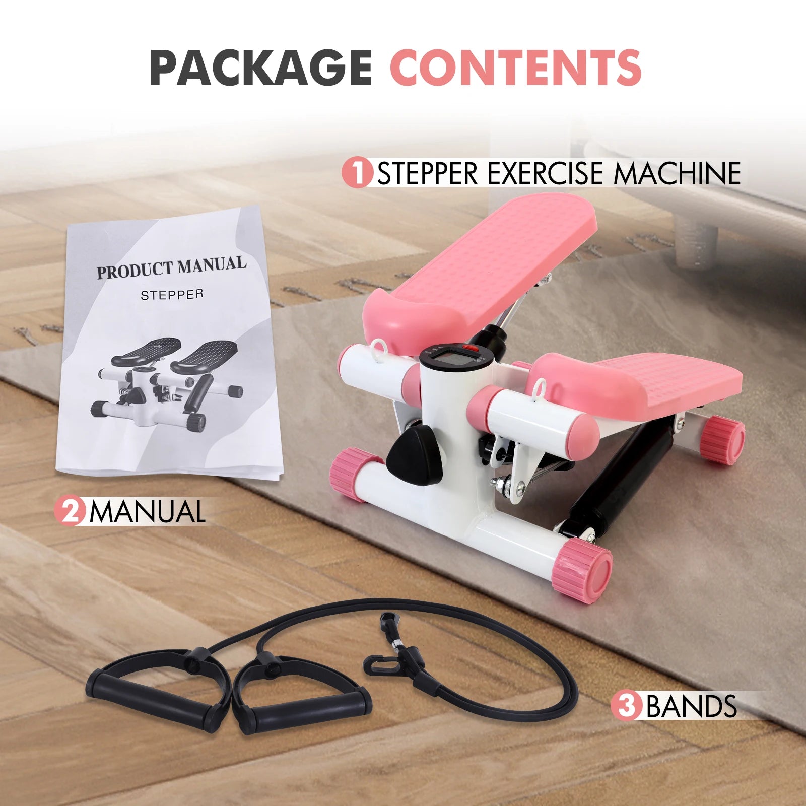 Mini Stepper with Resistance Bands – Silent Twist Stair Stepper Exercise Machine with Digital Display 330lbs Capacity