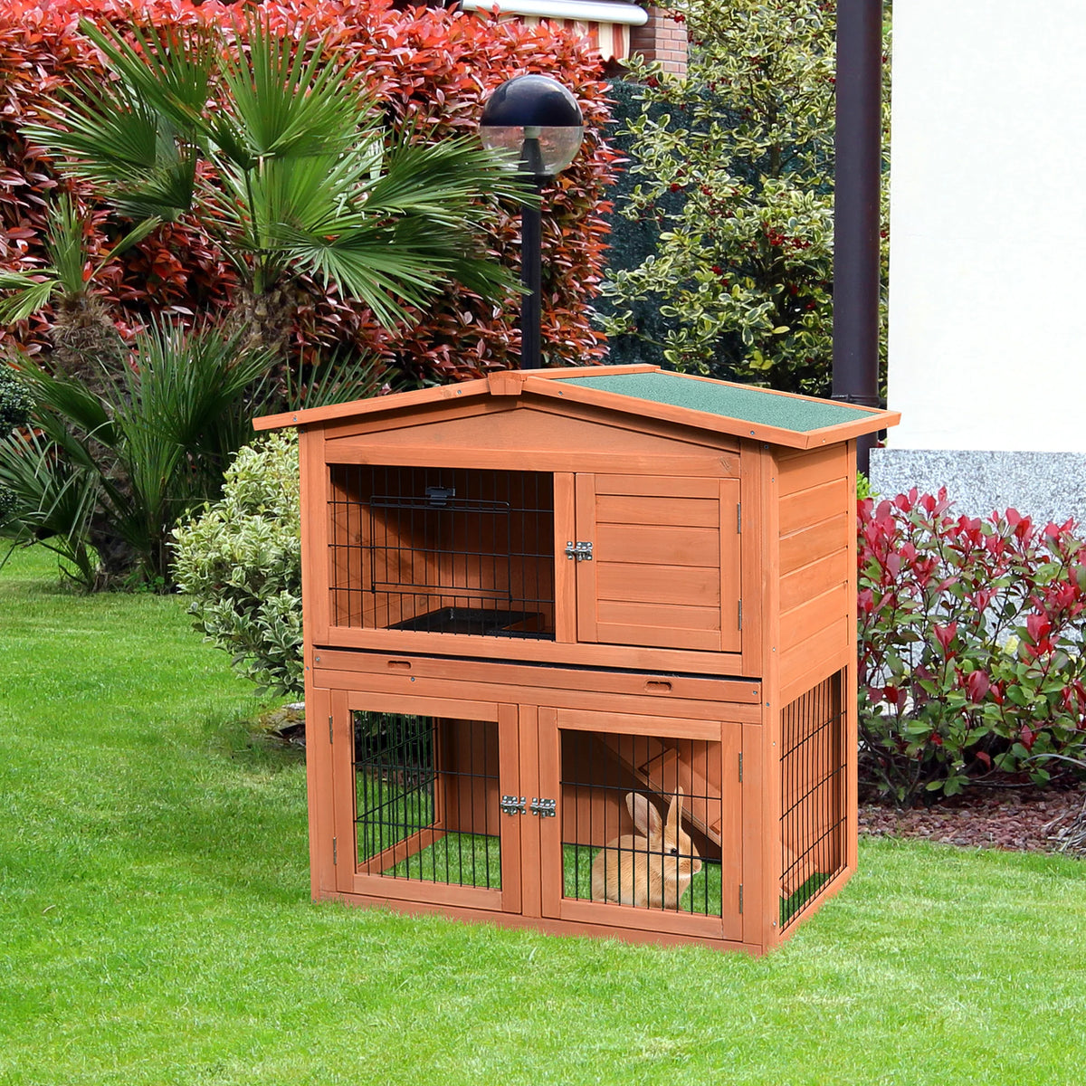 2 Tier Wooden Rabbit Hutch 100.5x55x101cm with Removable Divider 3 Doors Ramp and Slide Out Tray