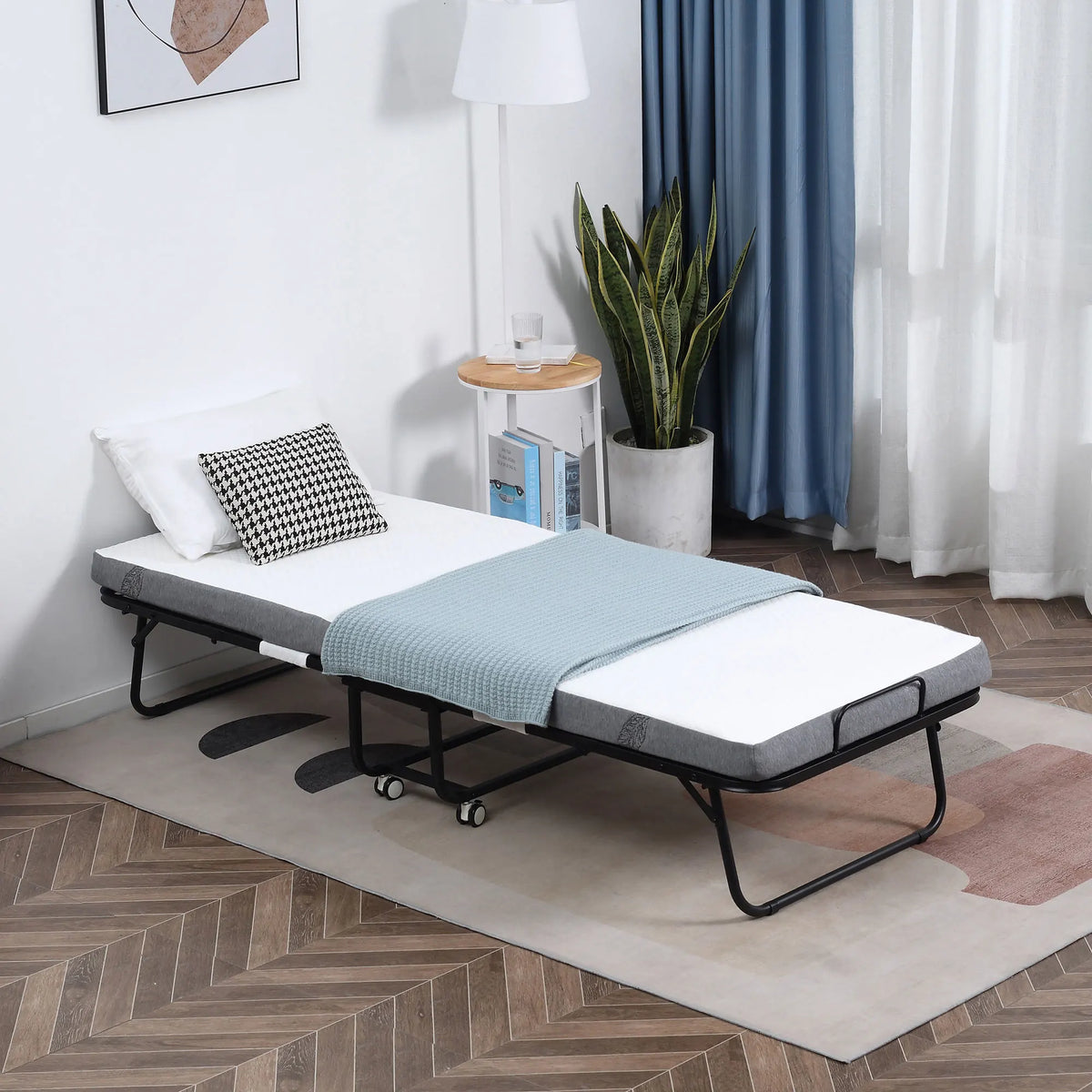 Folding Guest Bed with 10cm Mattress and Lockable Wheels, Single 200 x 80 cm, White