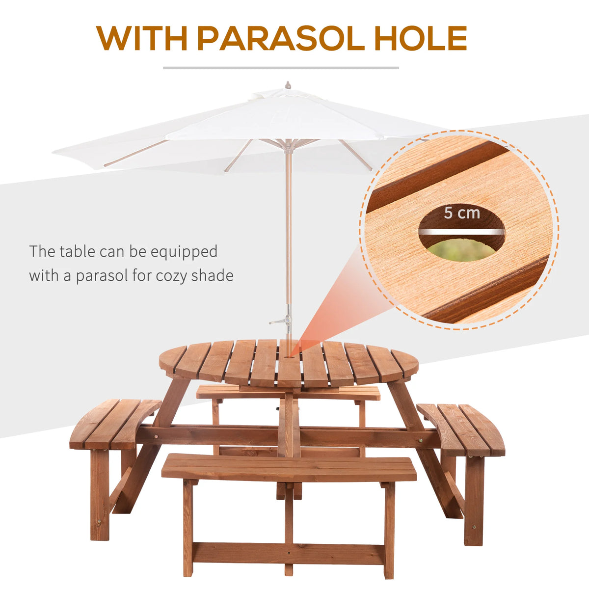8 Seater Wooden Picnic Table and Bench Set Circular with 4 Benches Parasol Hole Fir Wood 227kg Capacity