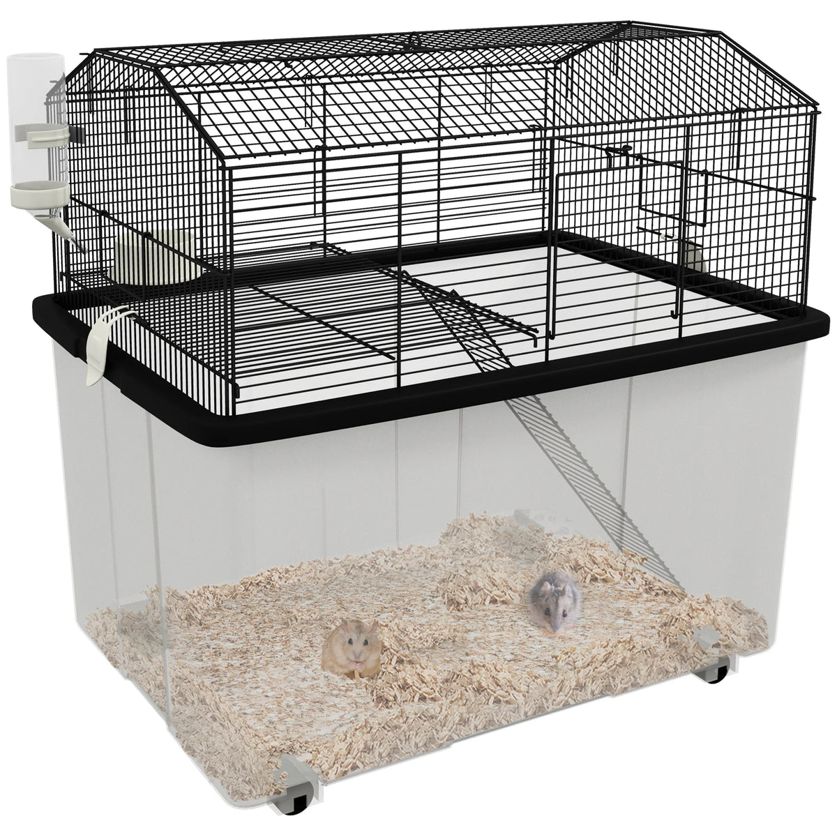 Hamster Cage, Gerbil Cage with Wheels, Deep Bottom, Ramp, Food Dish, Water Bottle, for Dwarf, Syrian - Black