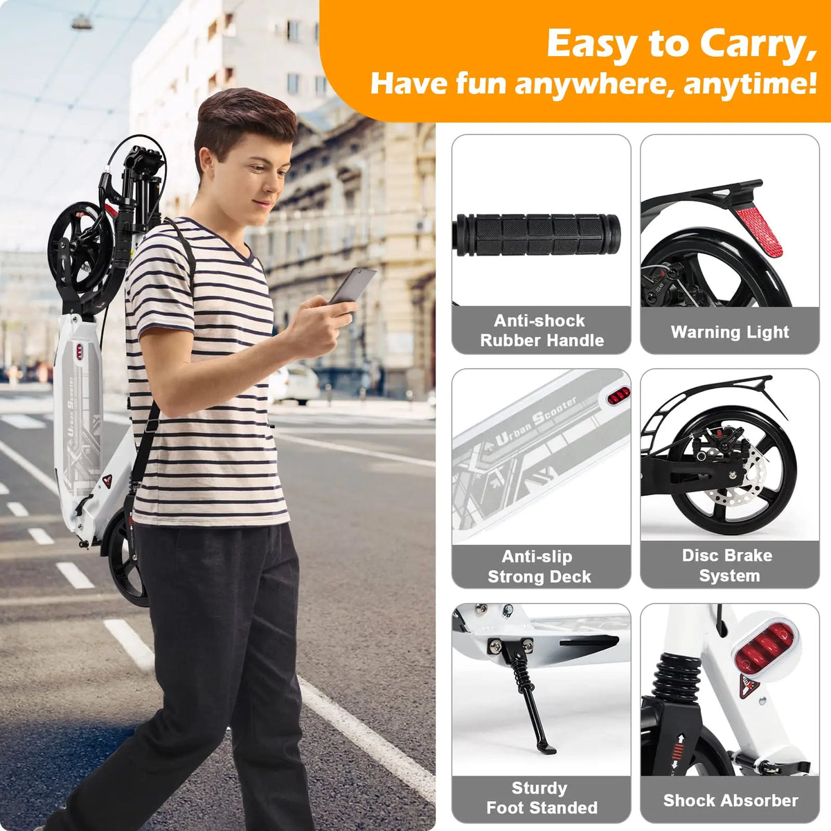 Folding Kick Scooter for Teens and Adults with 200mm Wheels, Disc Brake and Carry Strap