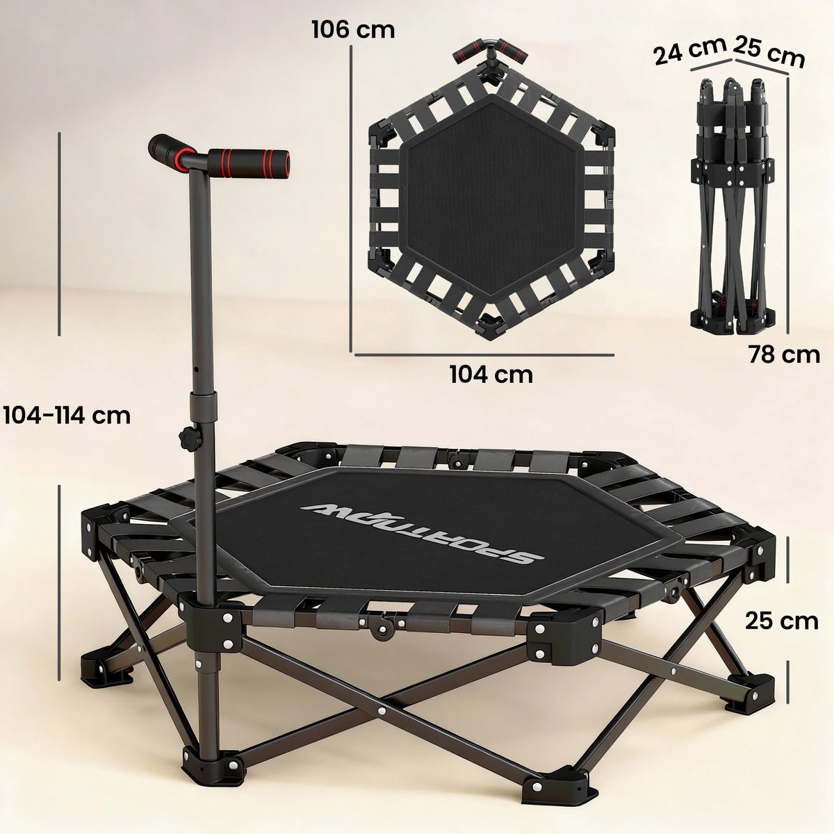 42-Inch Foldable Mini Trampoline with 3-Height Adjustable Handle, Black