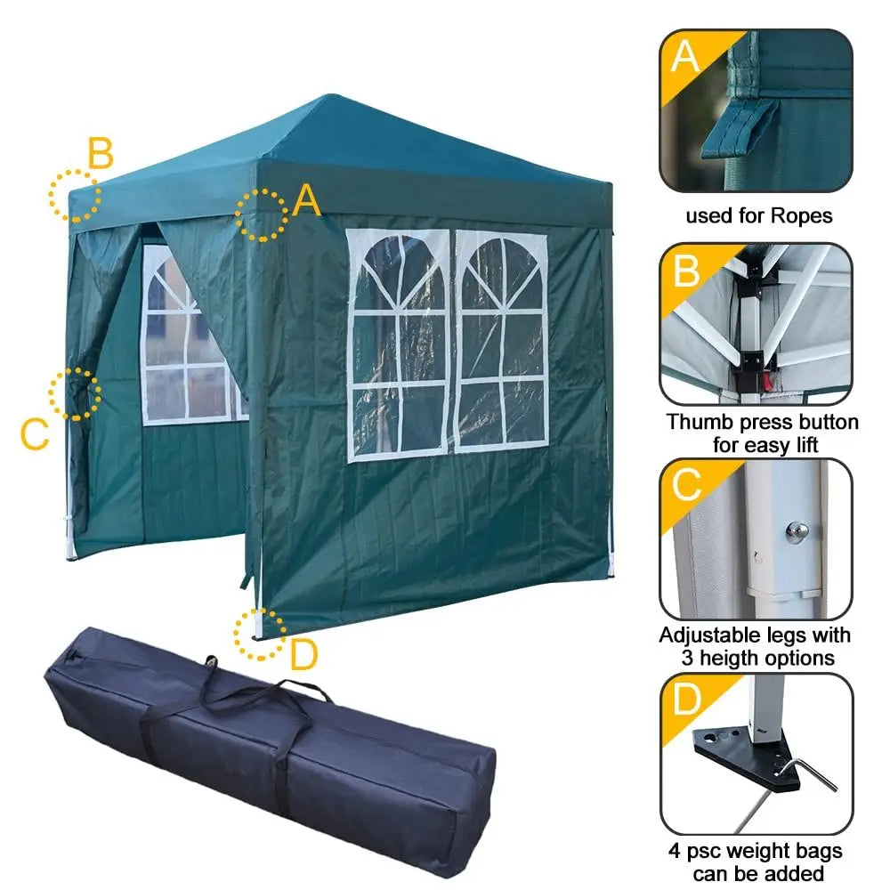 2x2m Waterproof Pop Up Gazebo Steel Frame 4 Polyester Sidewalls Church Windows for Garden Party BBQ Green