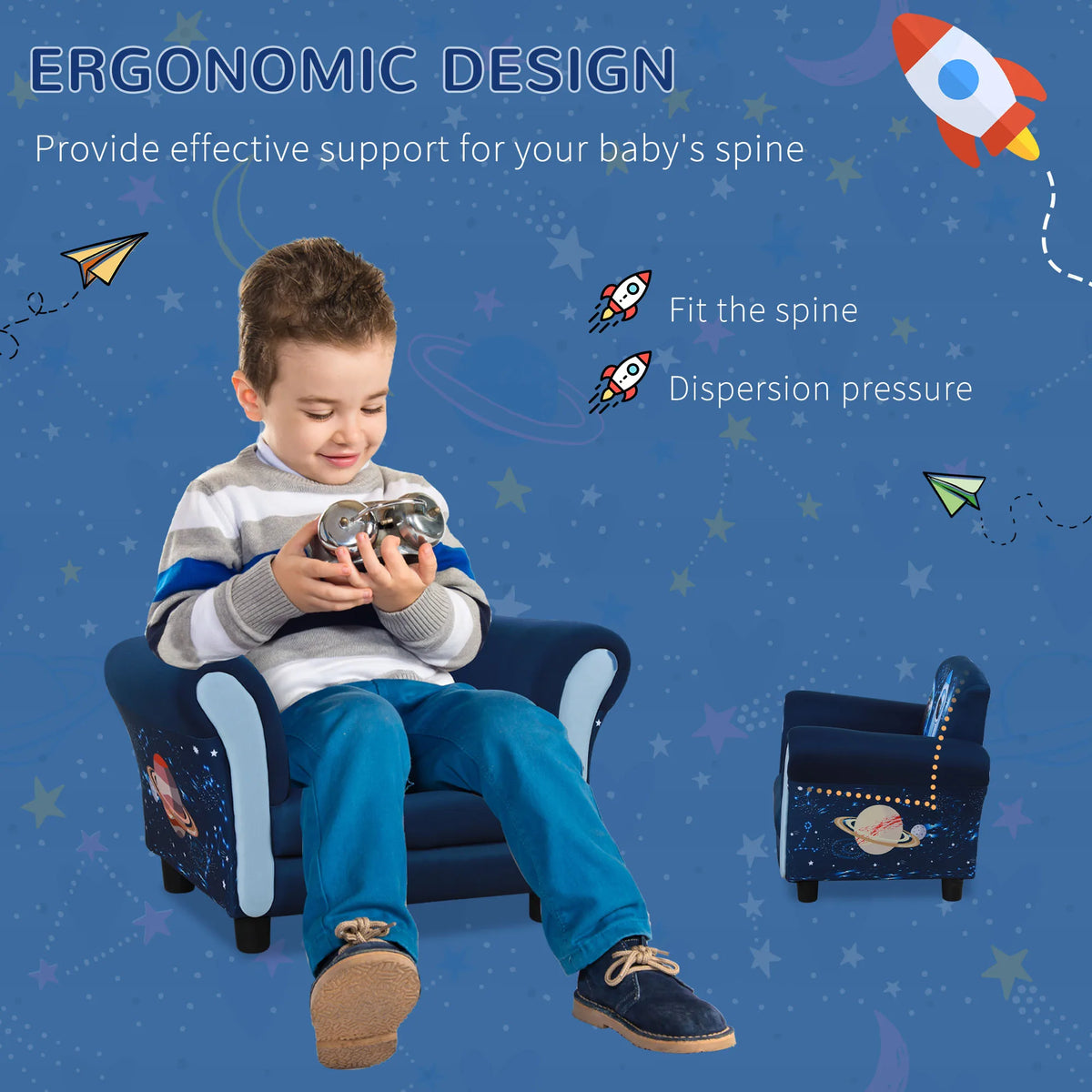 Kids Armchair with Space Rocket Design Wood Frame High Back Plush Foam 45kg for Ages 3-5 Blue
