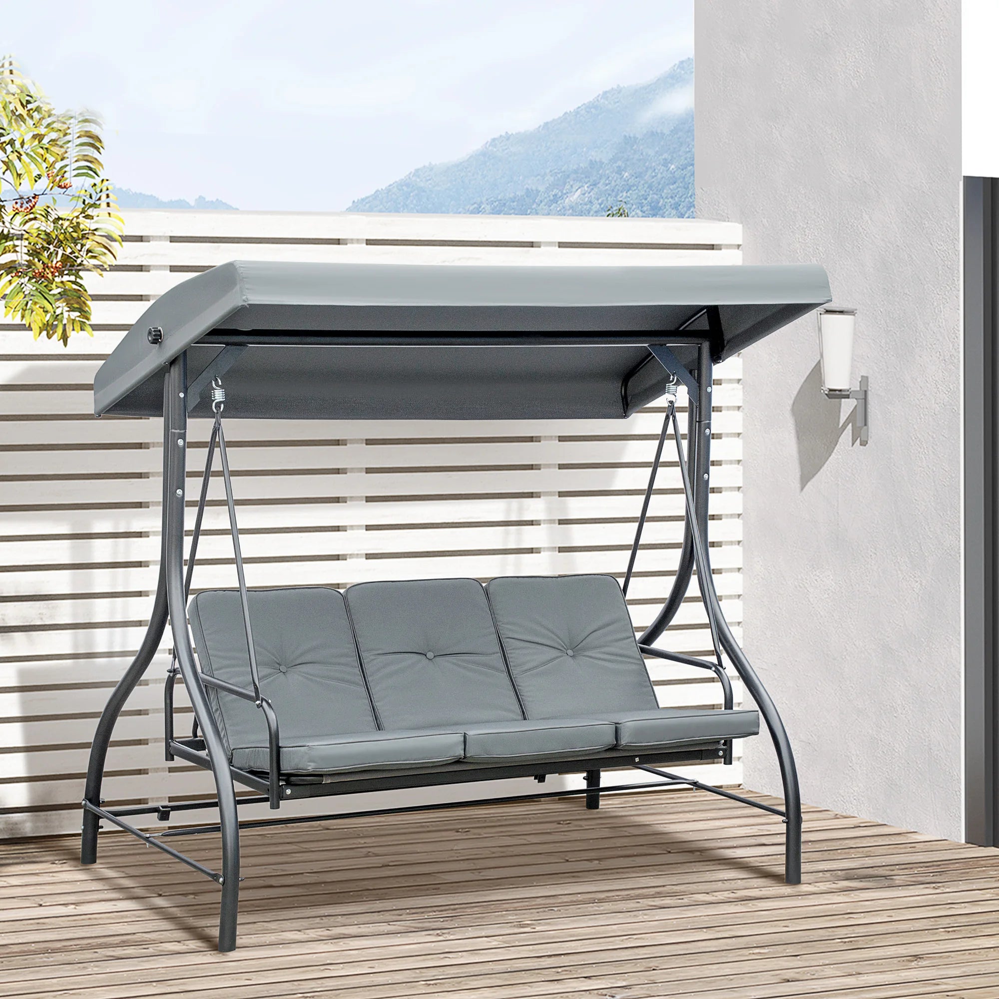 3-Seater 2-in-1 Garden Swing Chair Bed with Adjustable Canopy, Padded Cushions and Metal Frame