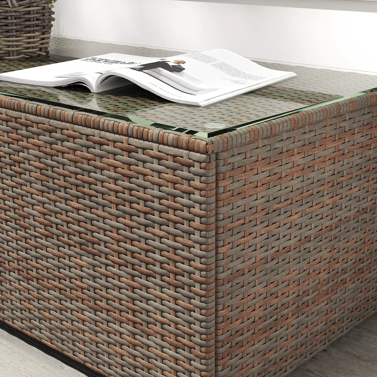 PE Rattan Garden Coffee Table with Tempered Glass Top, 90 x 50 x 38 cm, Brown