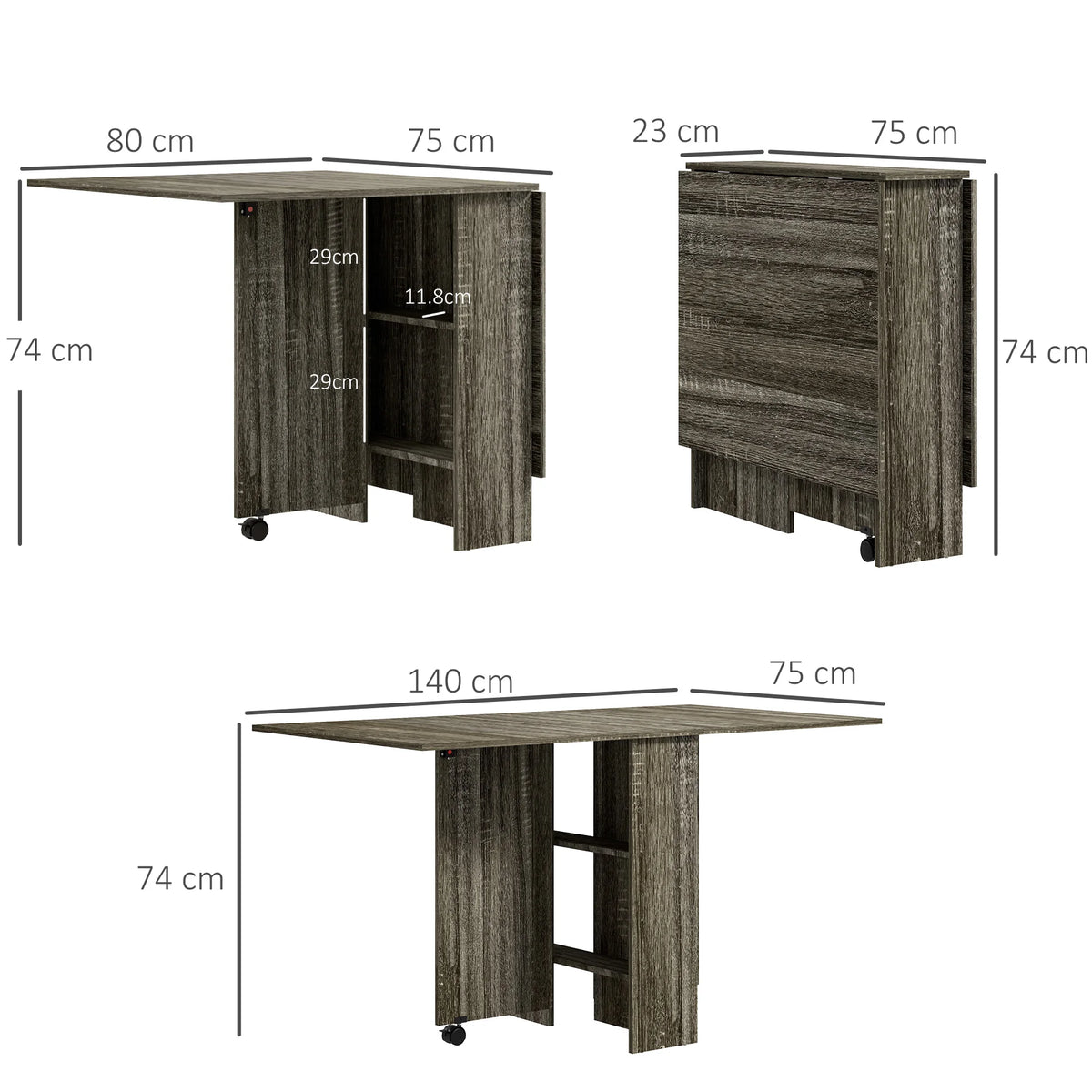 Mobile Drop Leaf Dining Table with 2 Wheels, Grey