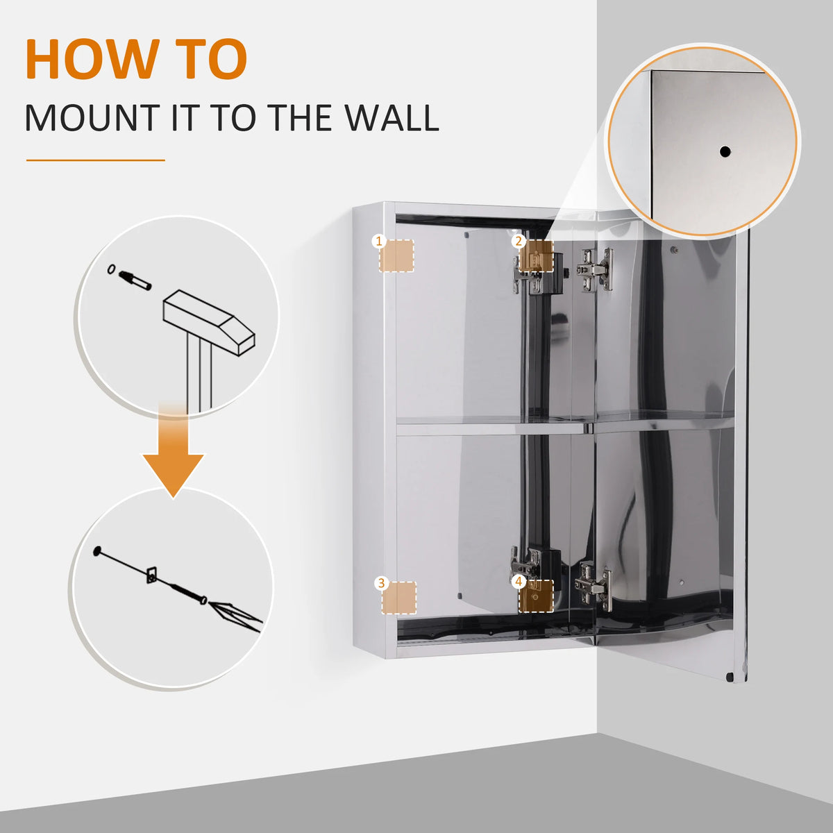 Wall Mounted Bathroom Mirror Glass Storage Cabinet Stainless Steel