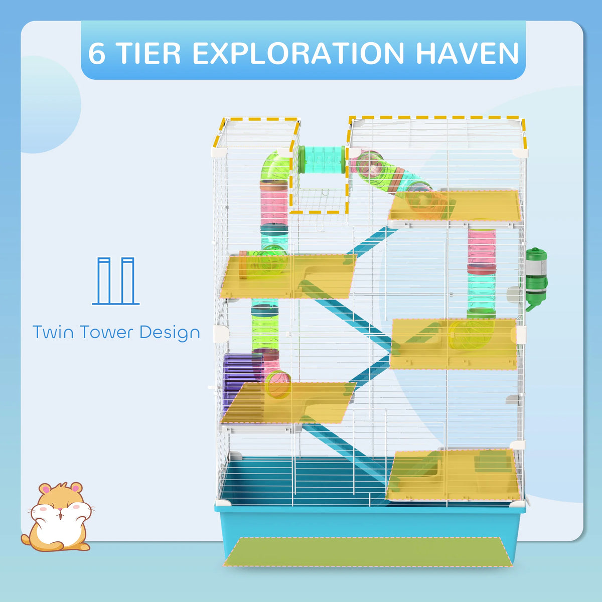 6 Tier Twin Tower Hamster Cage 58x36x81cm with Tube System 13cm Deep Base and 0.9cm Bar Spacing Light Blue