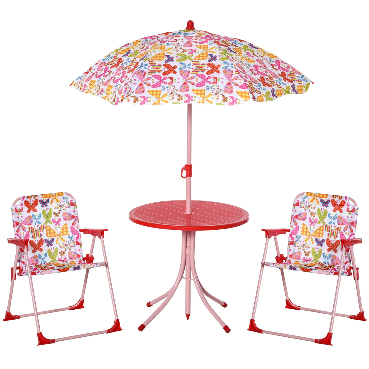 Kids Folding Picnic Table and Chair Set with Parasol Butterfly Pattern 2 Deck Chairs Metal Frame