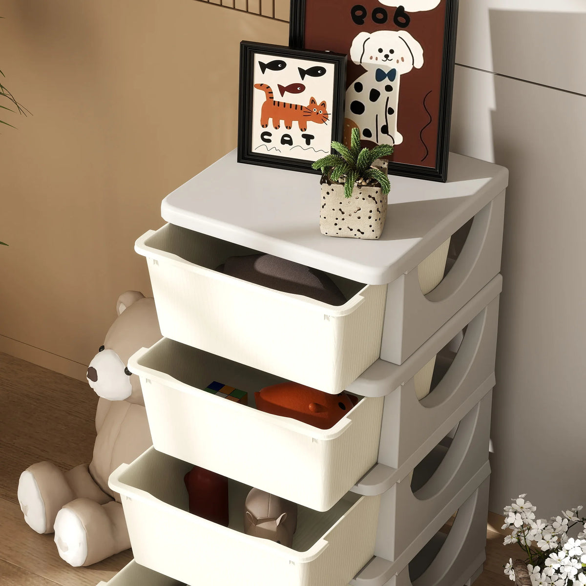 Kids 4 Tier Storage Drawer Unit Plastic Chest Tower with Removable Drawers Rounded Edges Cream