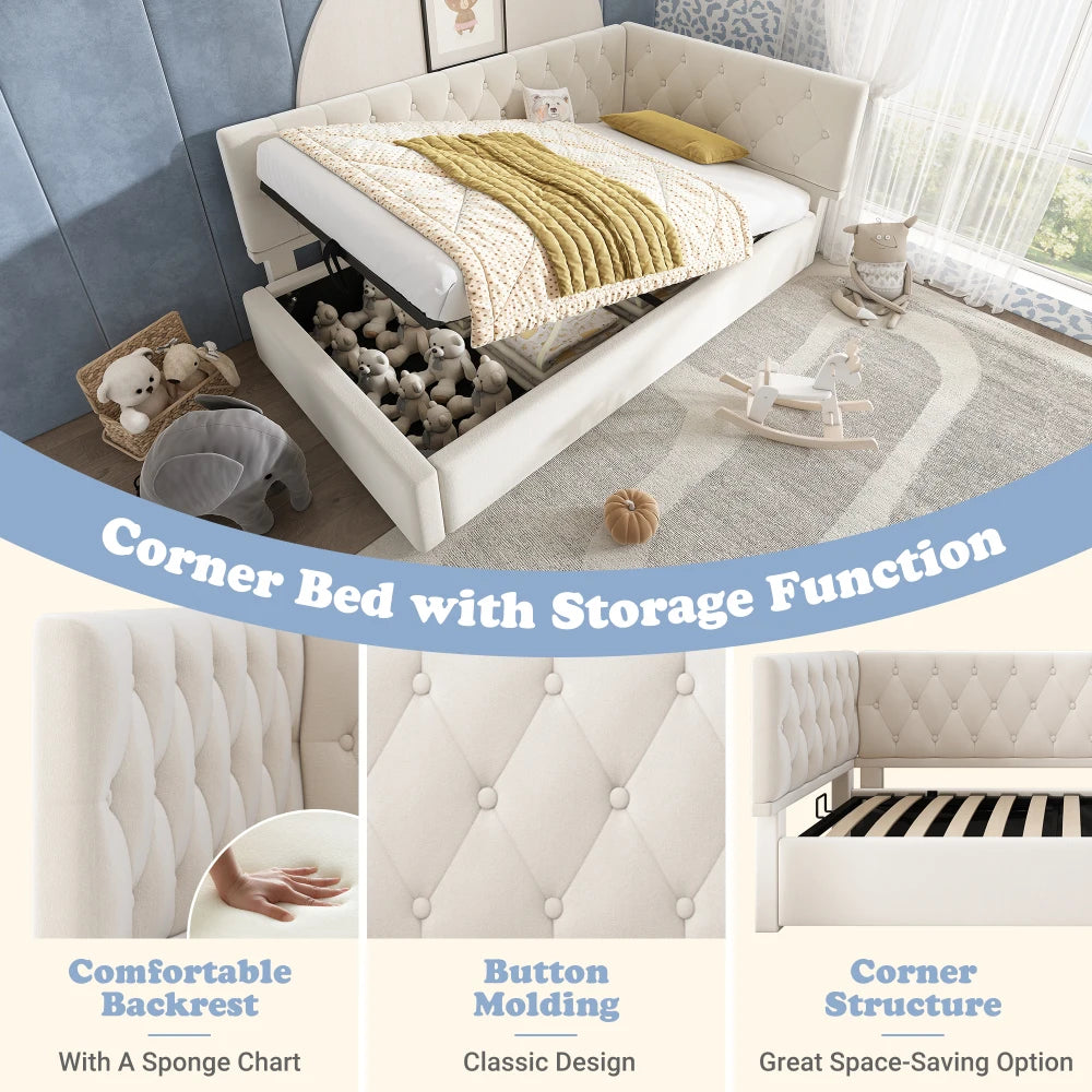 3ft Single Ottoman Daybed with Hydraulic Storage, Velvet Upholstered Sofa Bed, Beige