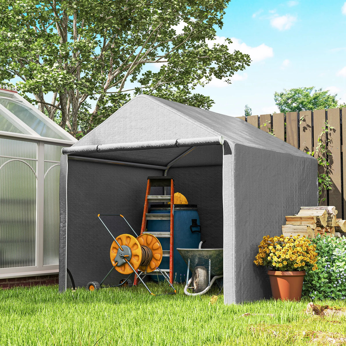 6.5' X 6.5' X 6.5' Garden Garage Storage Tent Steel Frame Waterproof, Gray