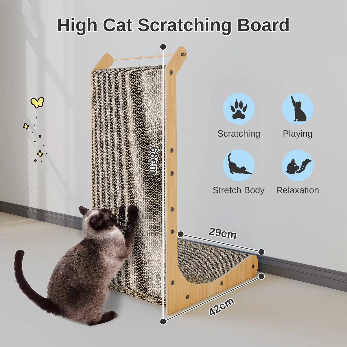 L Shaped Corner Cat Scratching Pad 68cm Solid Wood Frame Corrugated Board with Integrated Toy Ball