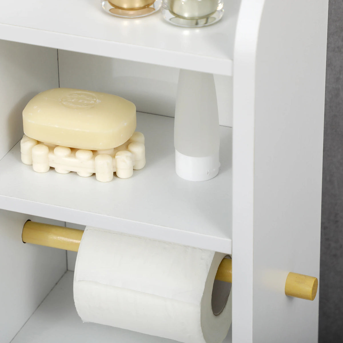 Slim Bathroom Storage Cabinet with Open Shelves and Toilet Roll Holder, White