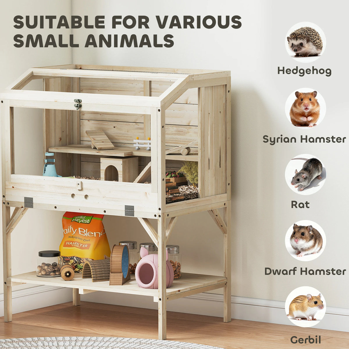 2 Tier Wooden Hamster Cage with Storage Shelf Clear Panels Seesaws Ramps and Side Vents Natural
