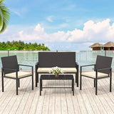 4 Piece Rattan Garden Furniture Set 2 Armchairs Double Sofa Glass Coffee Table Cushions for Patio Outdoor
