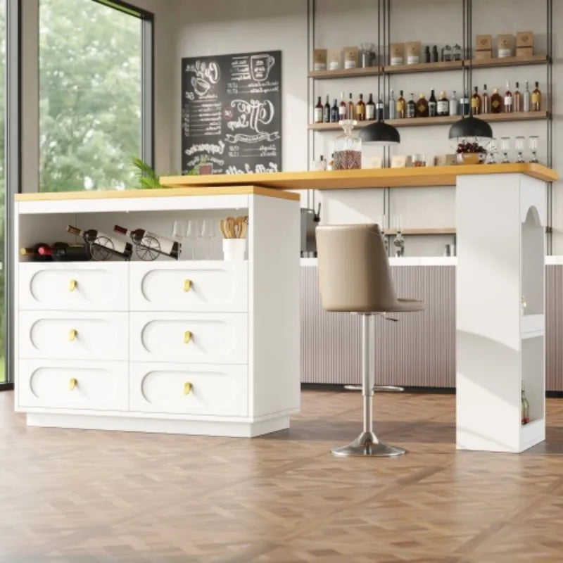 White Extendable Bar Table with 360° Rotating Side Table | Kitchen Island with 6 Drawers and Spice Rack 137-203cm