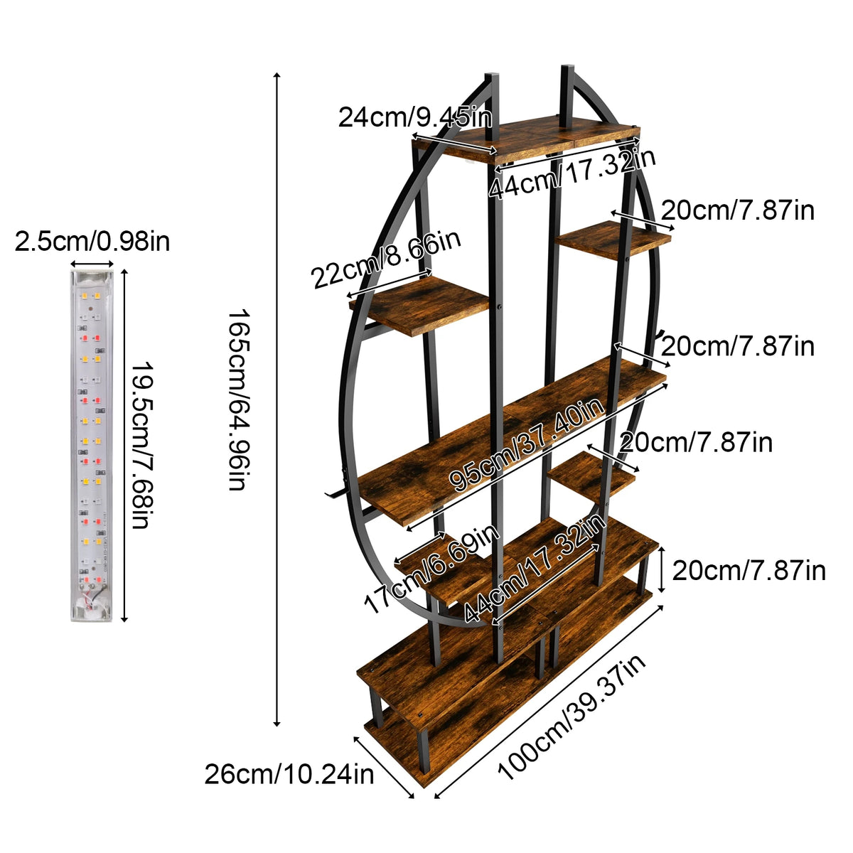 Tall Plant Stand with Grow Light 7 Tier Half Moon Industrial Style 100x26x165cm for Home Garden Office