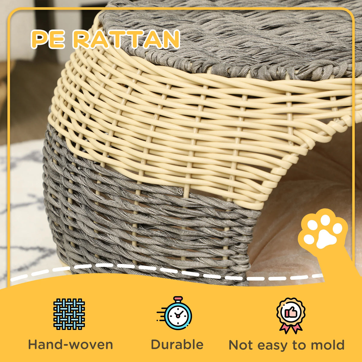 Wicker Cat House 40x30cm Raised 2 Layer Rattan Cat Bed with Washable Velvet Cushion Beige and Grey