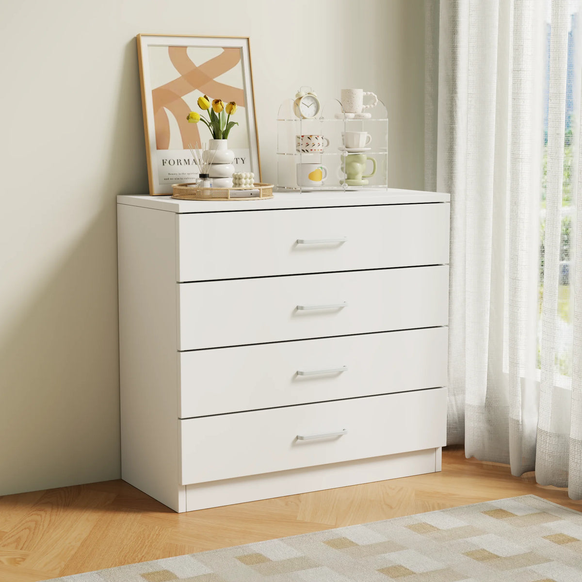 4 Drawer Chest of Drawers Hardwood HDF Construction Metal Handles Flat Panel Doors Bedroom Living Room
