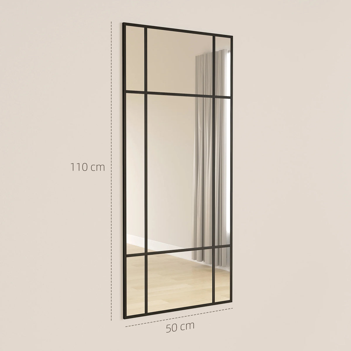 Window Pane Wall Mirror with Metal Frame, 110 x 50cm, Black
