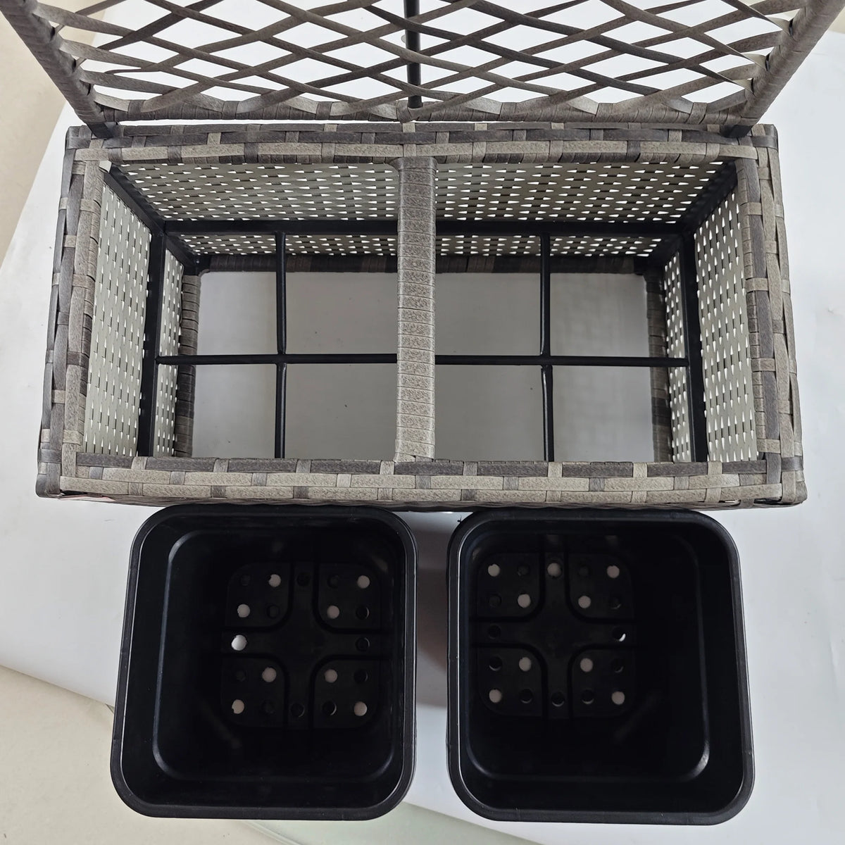 22L Garden PE Rattan Planter with Trellis, Free-Standing Flower Raised Bed with Two Plant Boxes