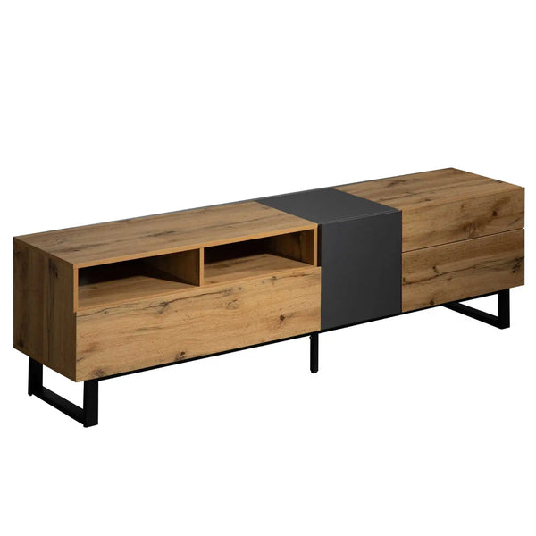 180cm Wood Grain TV Cabinet with Drawers and Push-Open Doors | Modern Black and Wood TV Stand
