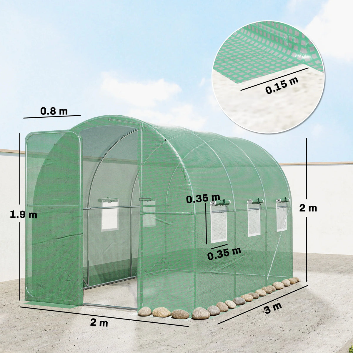 2 x 3m Walk-In Polytunnel Greenhouse with Hinged Door and Mesh Windows, Green