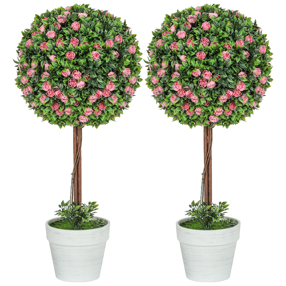 Set of 2 Artificial Ball Topiary Trees with Rose Flowers 60cm Potted UV Resistant Faux Plants Pink