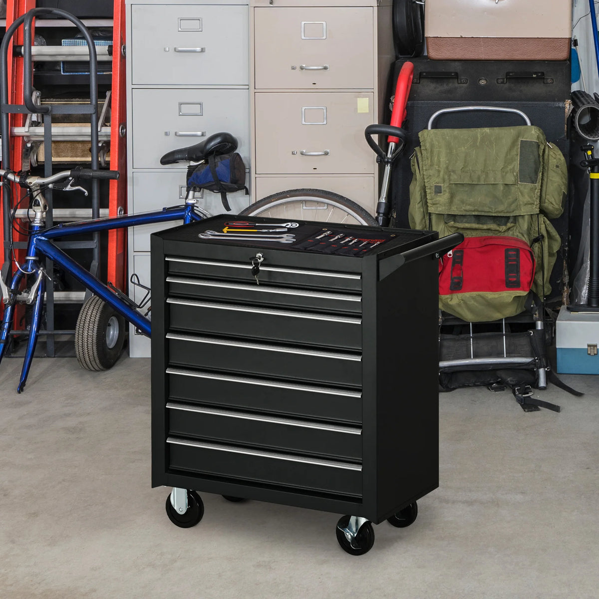 7-Drawer Rolling Tool Cabinet with Lockable Top Chest, Steel, Black
