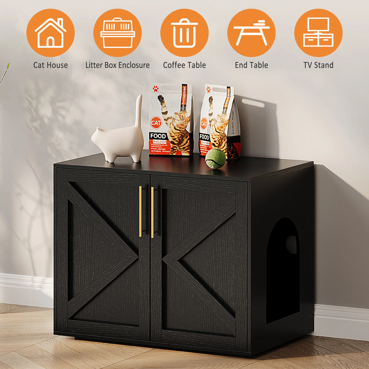 Hidden Cat Litter Box Enclosure, Barn Door Cabinet & End Table