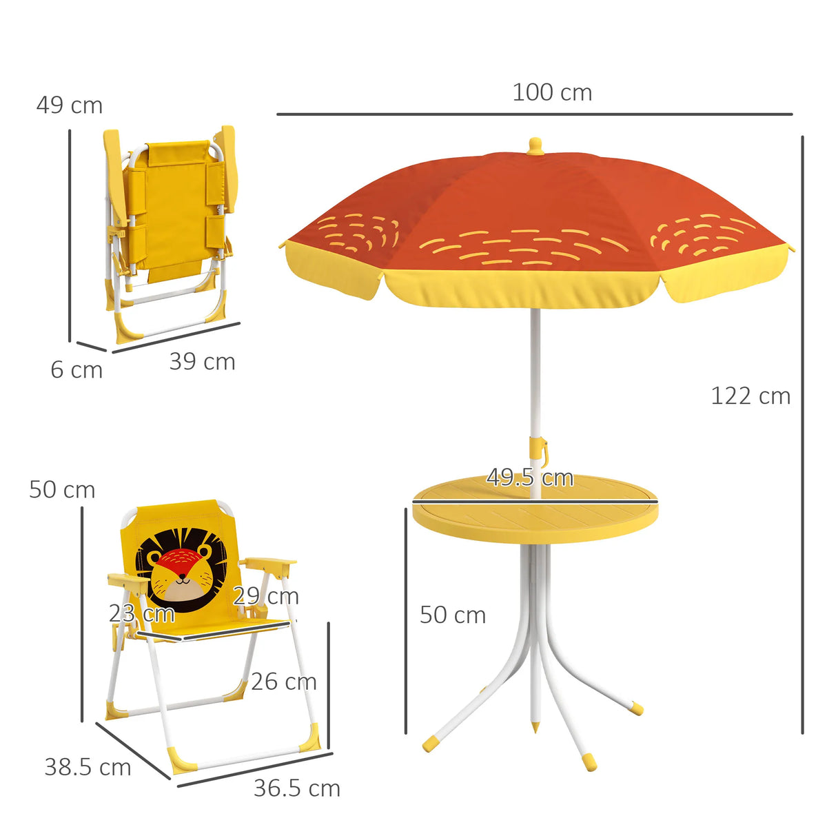 Kids Bistro Table and Chair Set Lion Theme with Adjustable Parasol 86-122cm Folding Chairs with Safety Locks