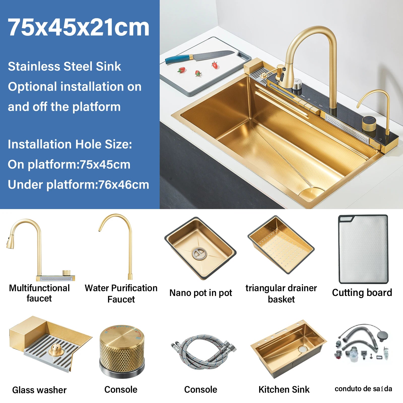 304 Stainless Steel Waterfall Kitchen Sink with Digital Display Faucet Set – Single Bowl with Soap Dispenser & Cup Washer