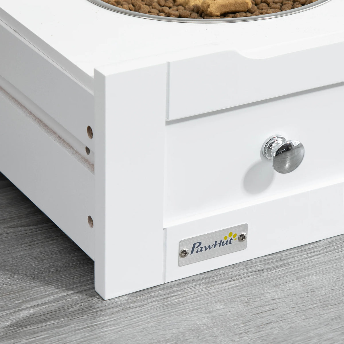 Pet Feeder Station with Storage Cabinet 61x82cm 2 Raised Bowls in Pull Out Drawer and 3 Side Hooks MDF