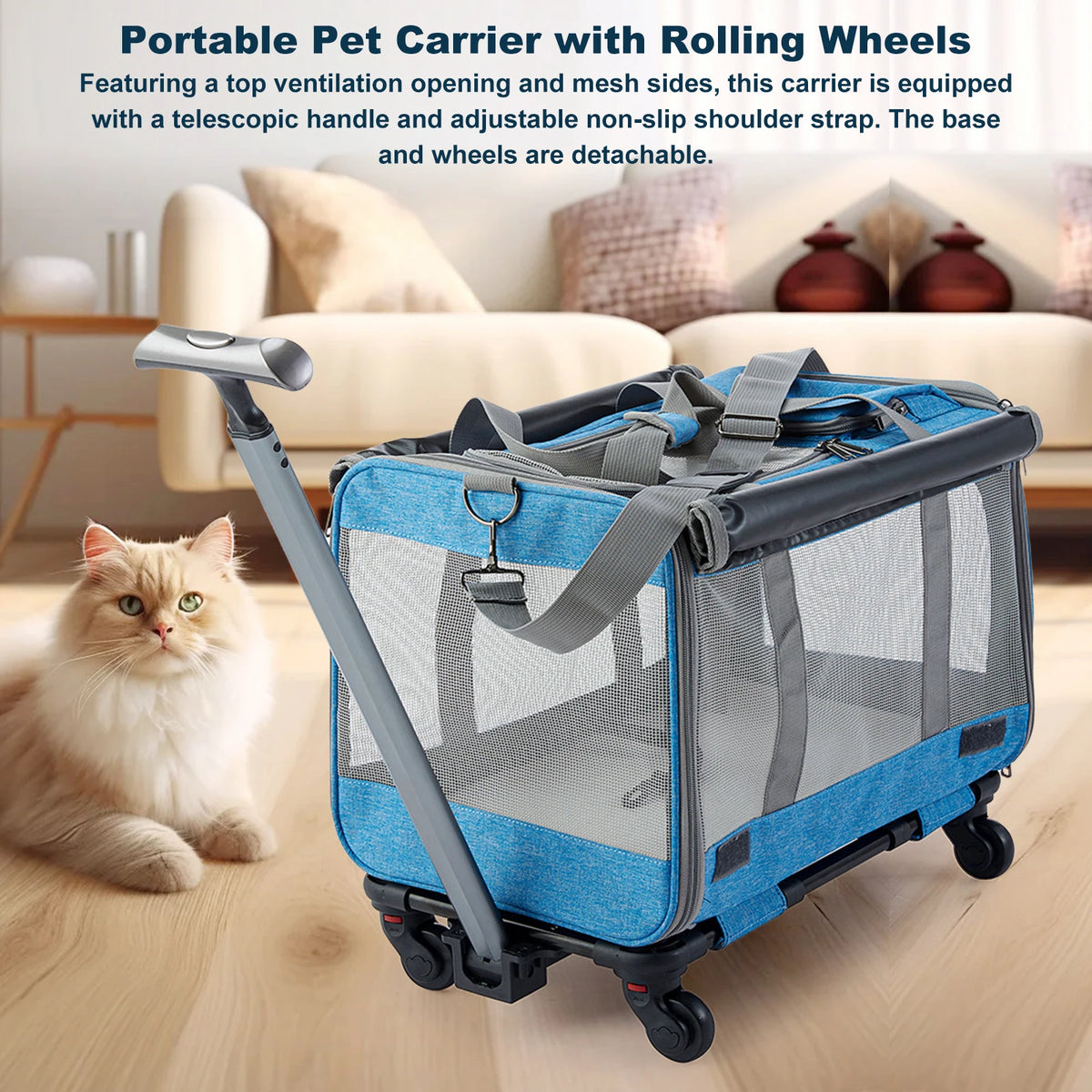 Expandable Pet Travel Carrier with Detachable Wheels Telescopic Handle for Cats and Small Dogs 47x39x30cm