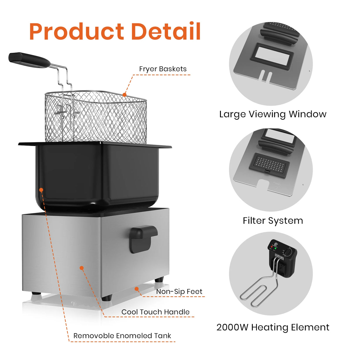 2000W Electric Deep Fryer 3L Stainless Steel with Adjustable Temperature 130-190°C Non-Stick Tank and Indicator Lights