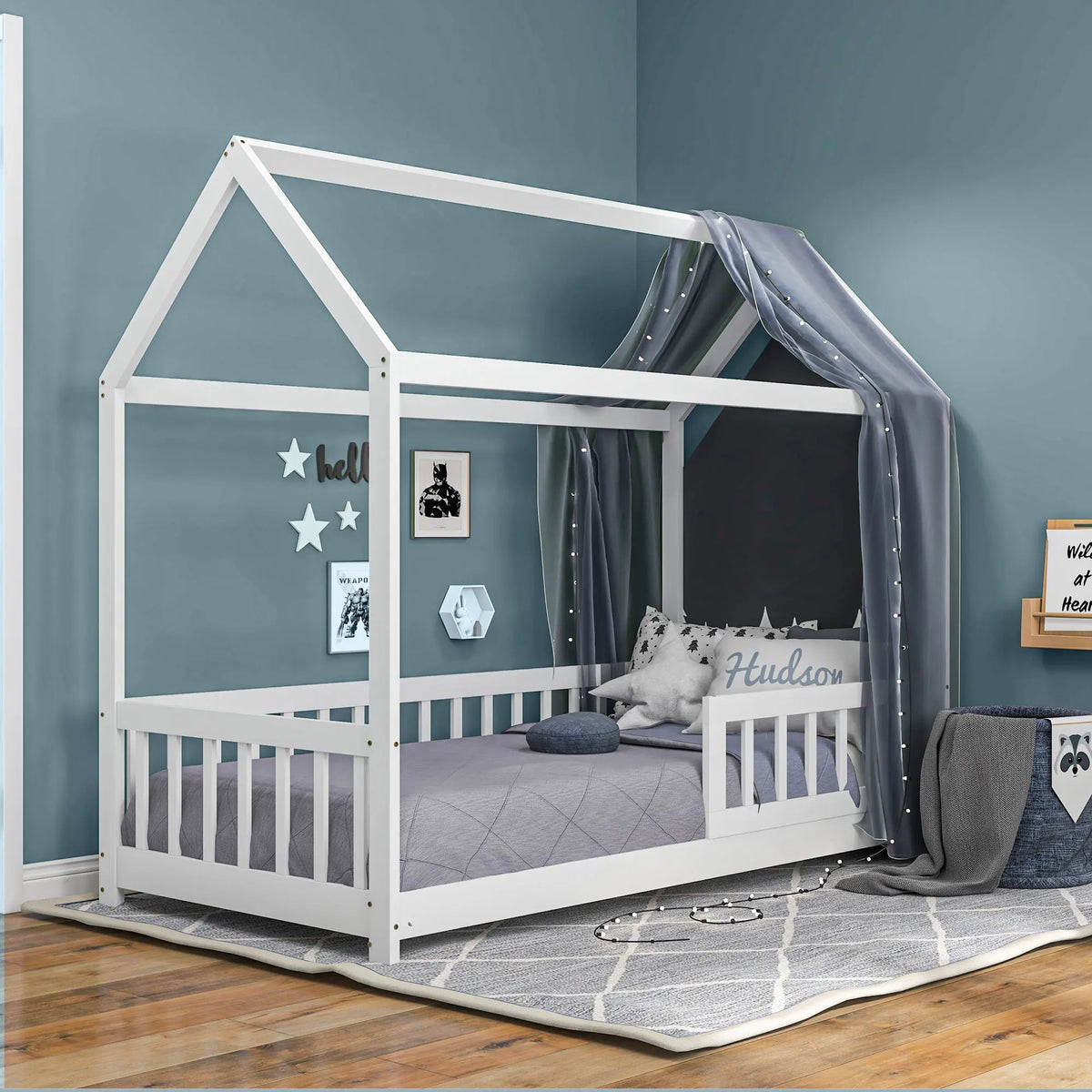 House Shaped Kids Bed Frame with Safety Fence Solid Wood 15 Slats and 2 Keels Burr Free Finish White