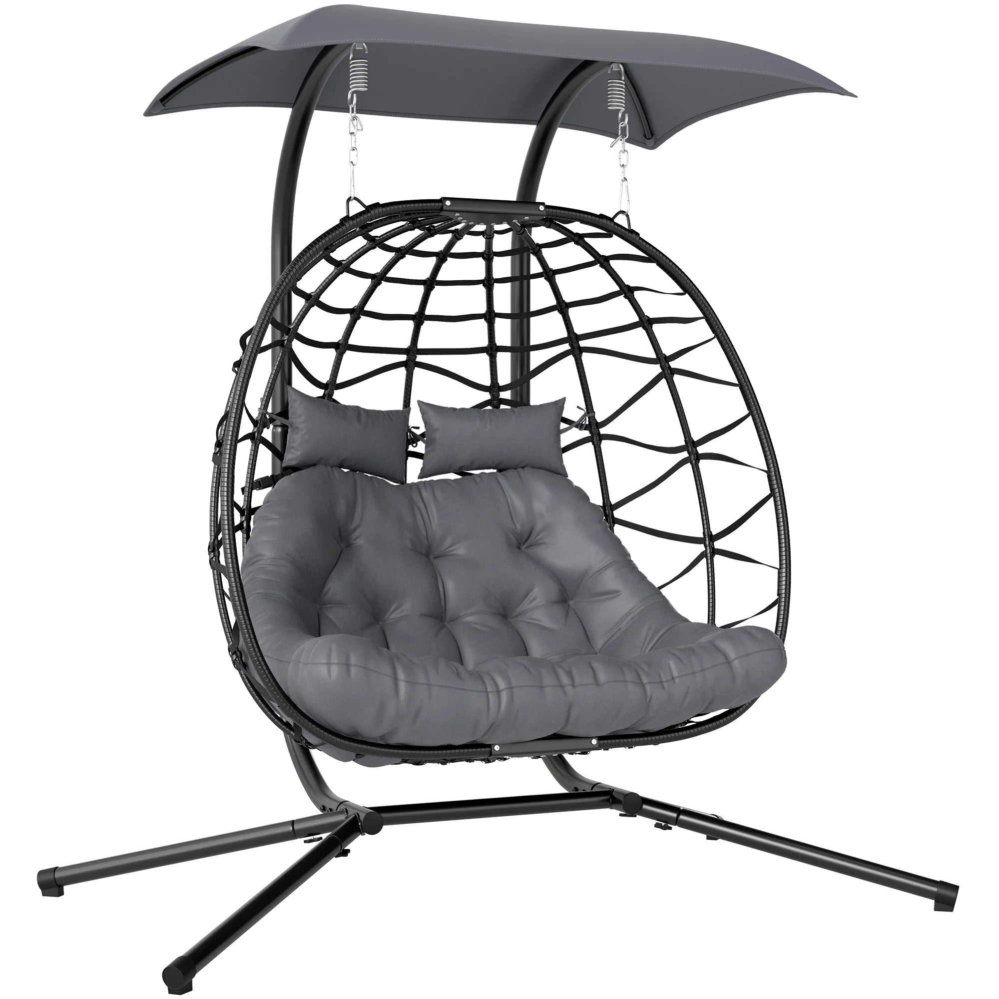 Double Rattan Hanging Egg Chair with Sunshade Canopy, Thick Cushion and Removable Headrests for 2 People