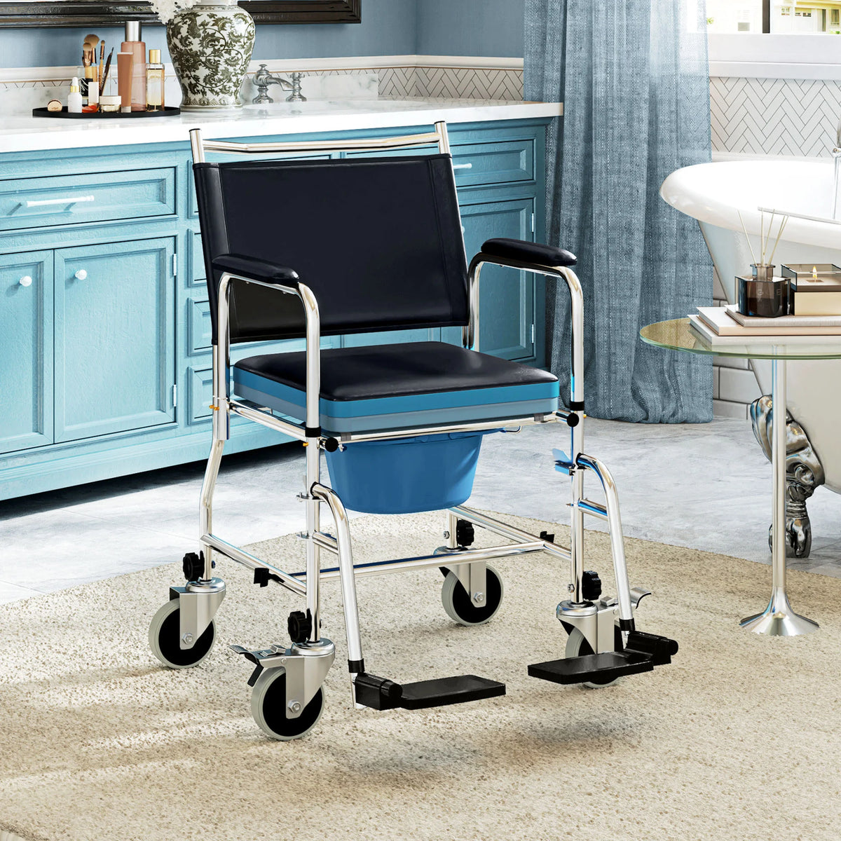 Shower Wheelchair, Commode Wheeled Chair with Padded Seat, Backrest