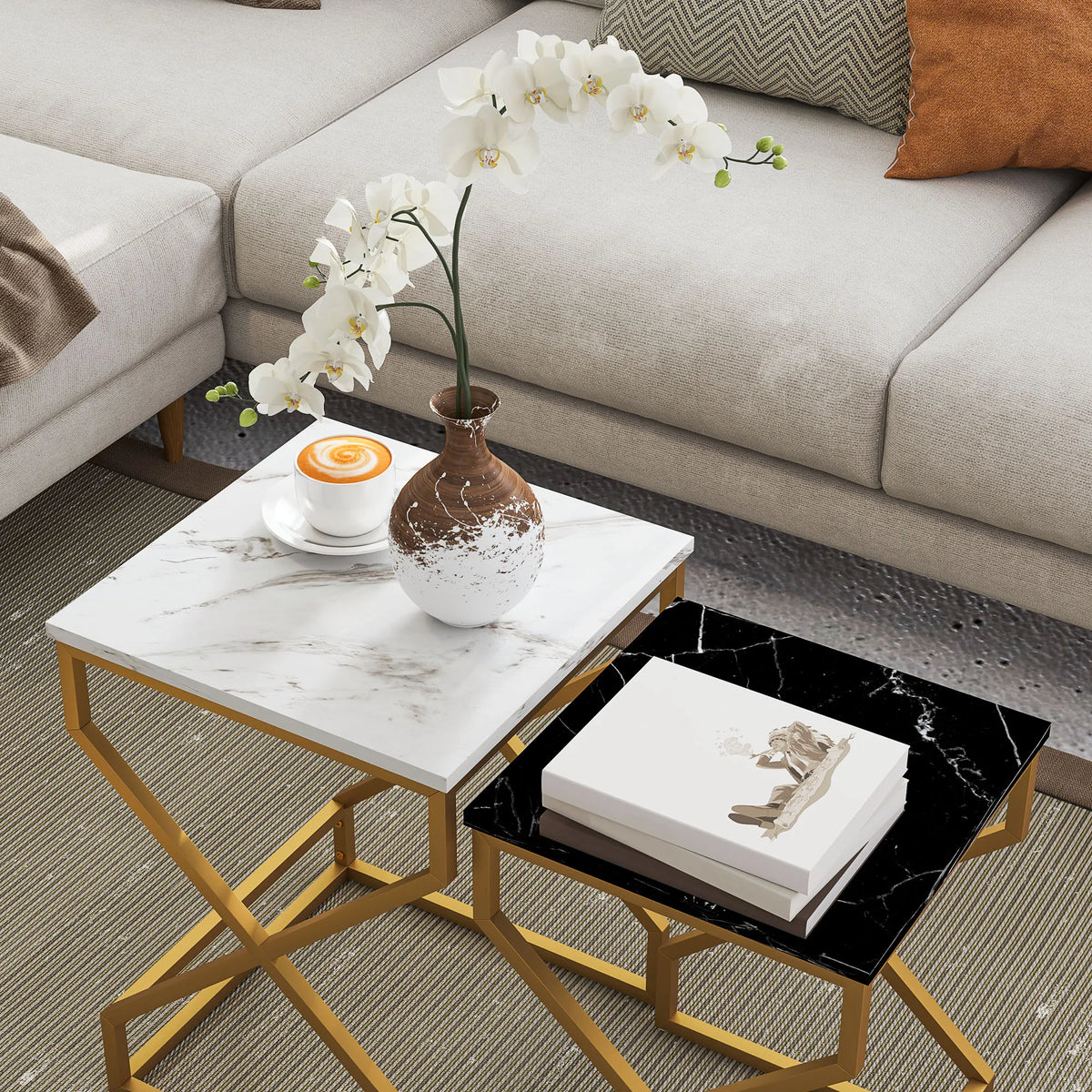 Nest of 2 Coffee Tables with Marble Effect Tops Gold Tone Steel Frames 100kg Each Black and White