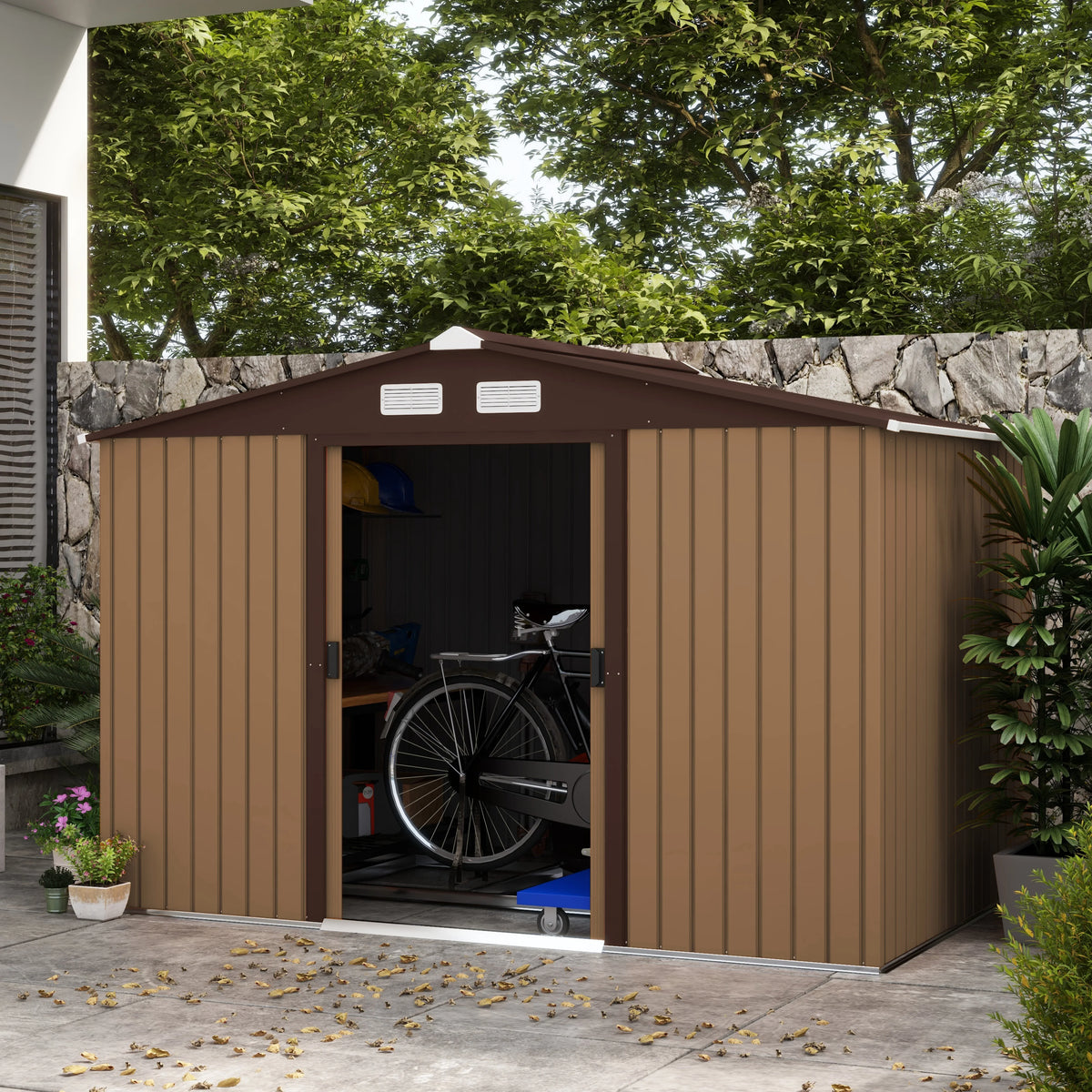9 X 6ft Garden Shed Storage with Sliding Doors, Metal Tool House, Light Brown